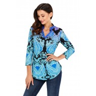 Turquoise Easily Obsessed Damask Print Split V Nec...