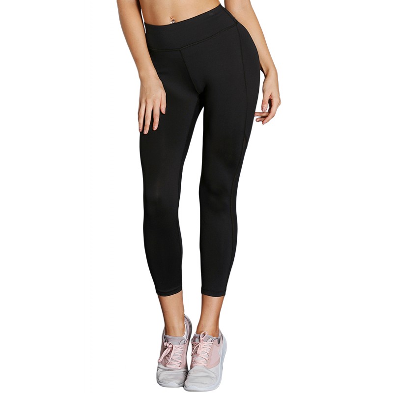 Black High-Rise Mesh Patchwork Gym Sport Yoga Legg...